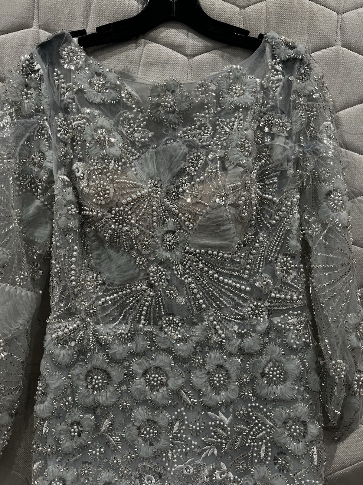 Terani Couture Silver Beaded Embroidered Mesh 3/4 Sleeve Long Gown Zip 10