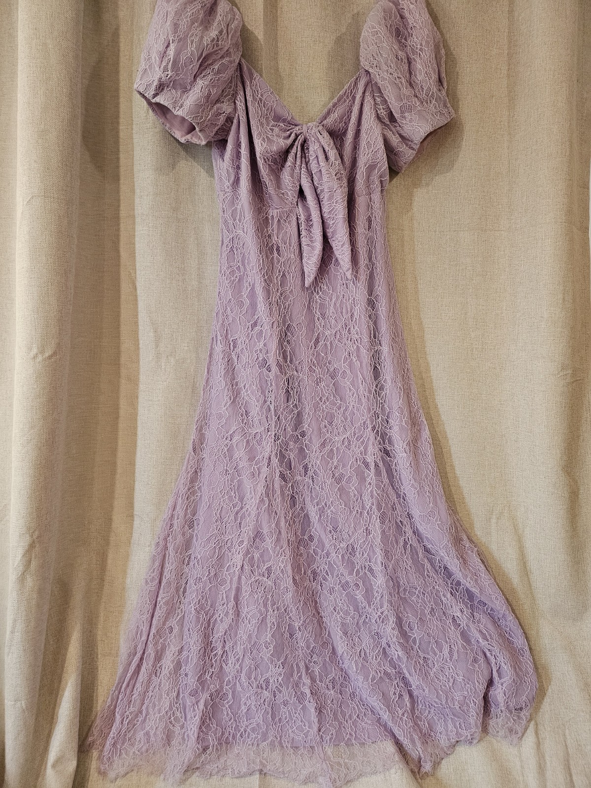 Custom Lavender Tie-Front Foral Lace Dress with Romantic Puff Sleeves – Size S