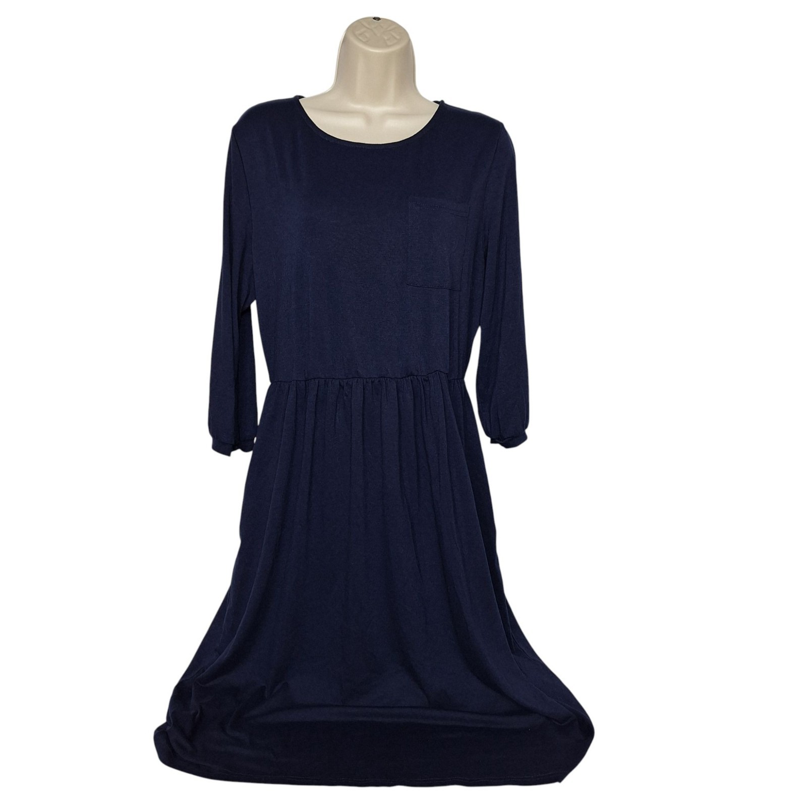 MEROKEETY 3/4 Sleeve Fit and Flare Midi Dress L Navy Blue Pocket Soft Minimalist