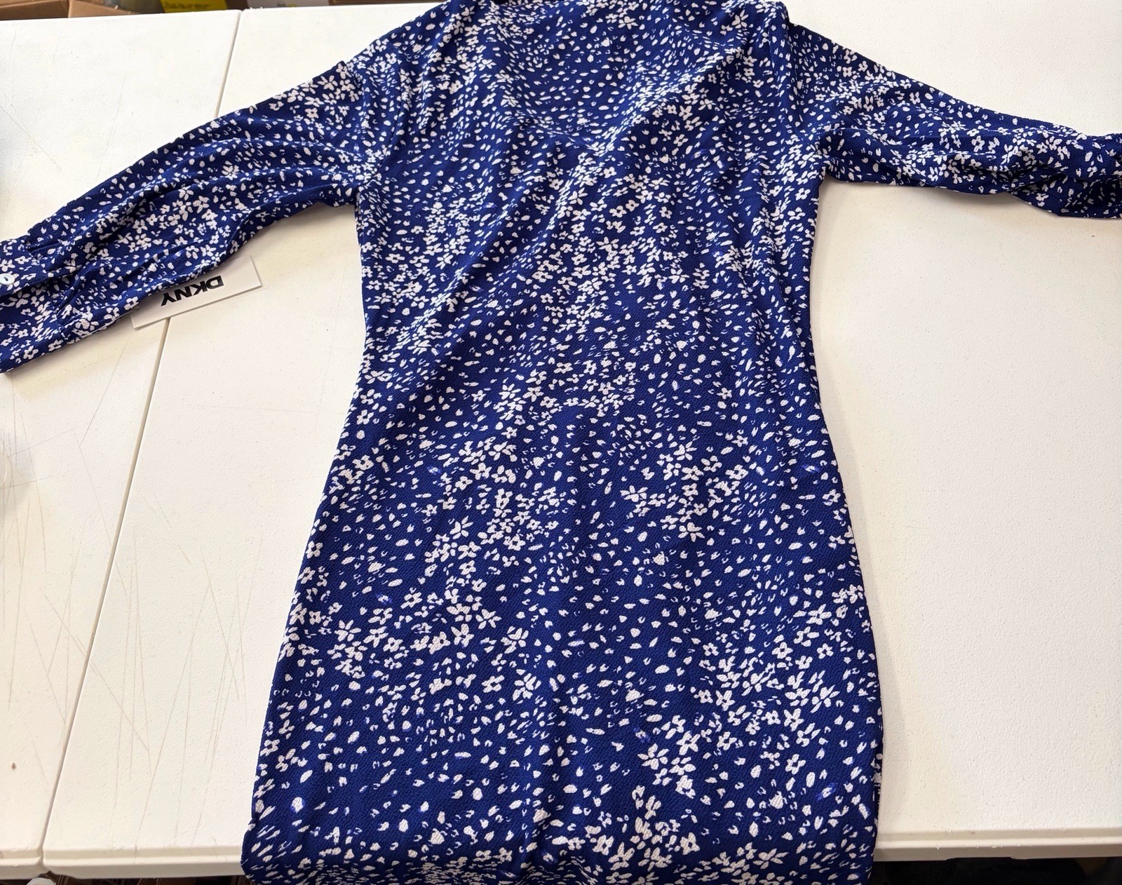 NWT DKNY Dress 3/4 Sleeve Button Down Blue White Rouched Waist Size 6