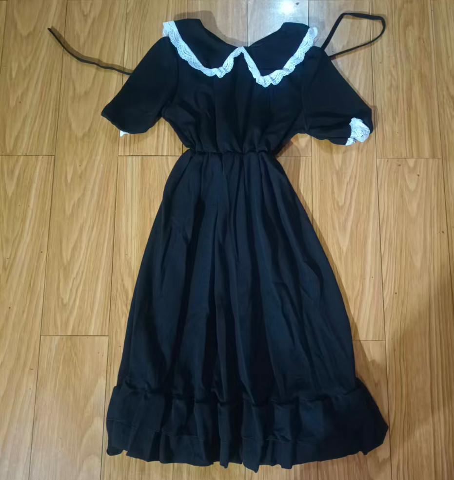 Summer Casual Loose Peter Pan Collar Long Kawaii Lolita Black Gothic Dress Party