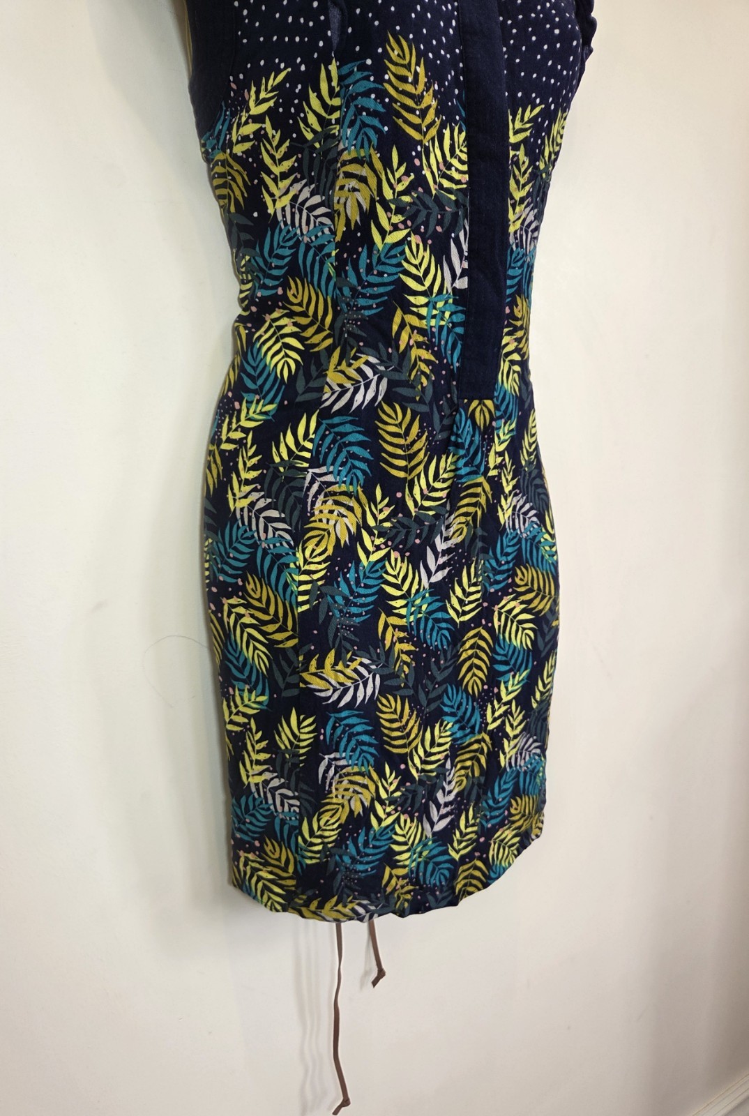 White Stuff Size 14 Navy Blue Gold Sleeveless Belt Leaf Print Autumn Tunic Dress