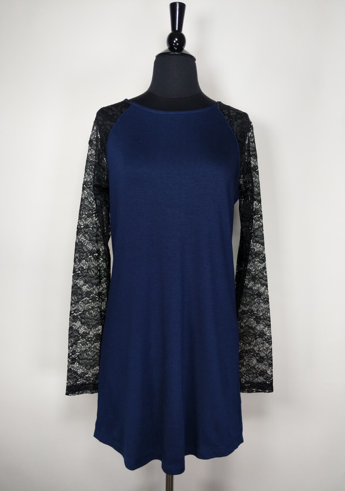 Divided H&M Blue Knit Black Lace Long Sleeve Sheath Dress Size 10