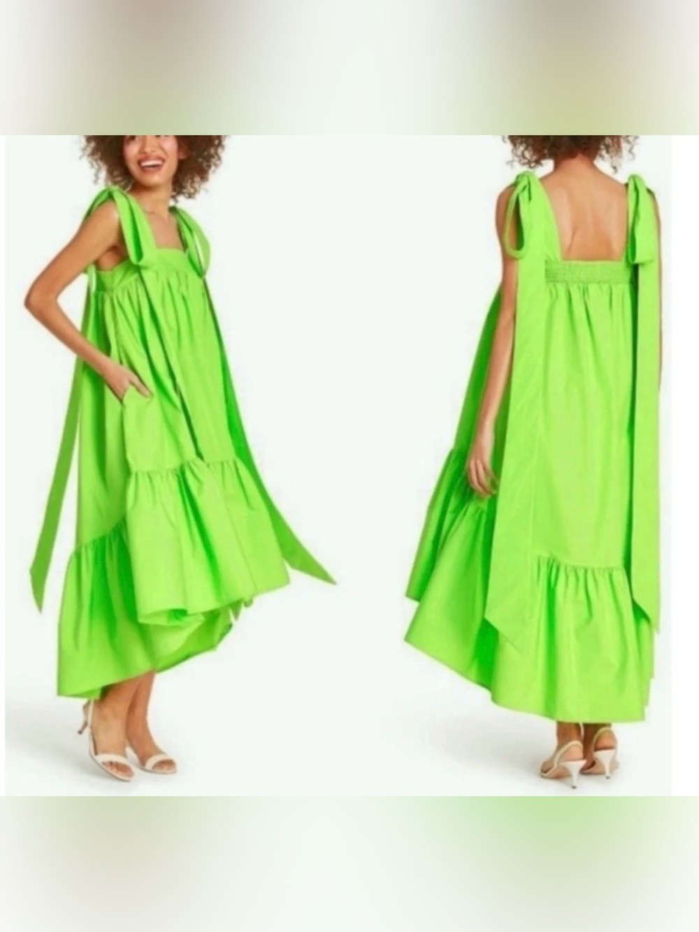 Christopher John Rogers Tie Strap High-Low Babydoll Dress Vibrant Green M