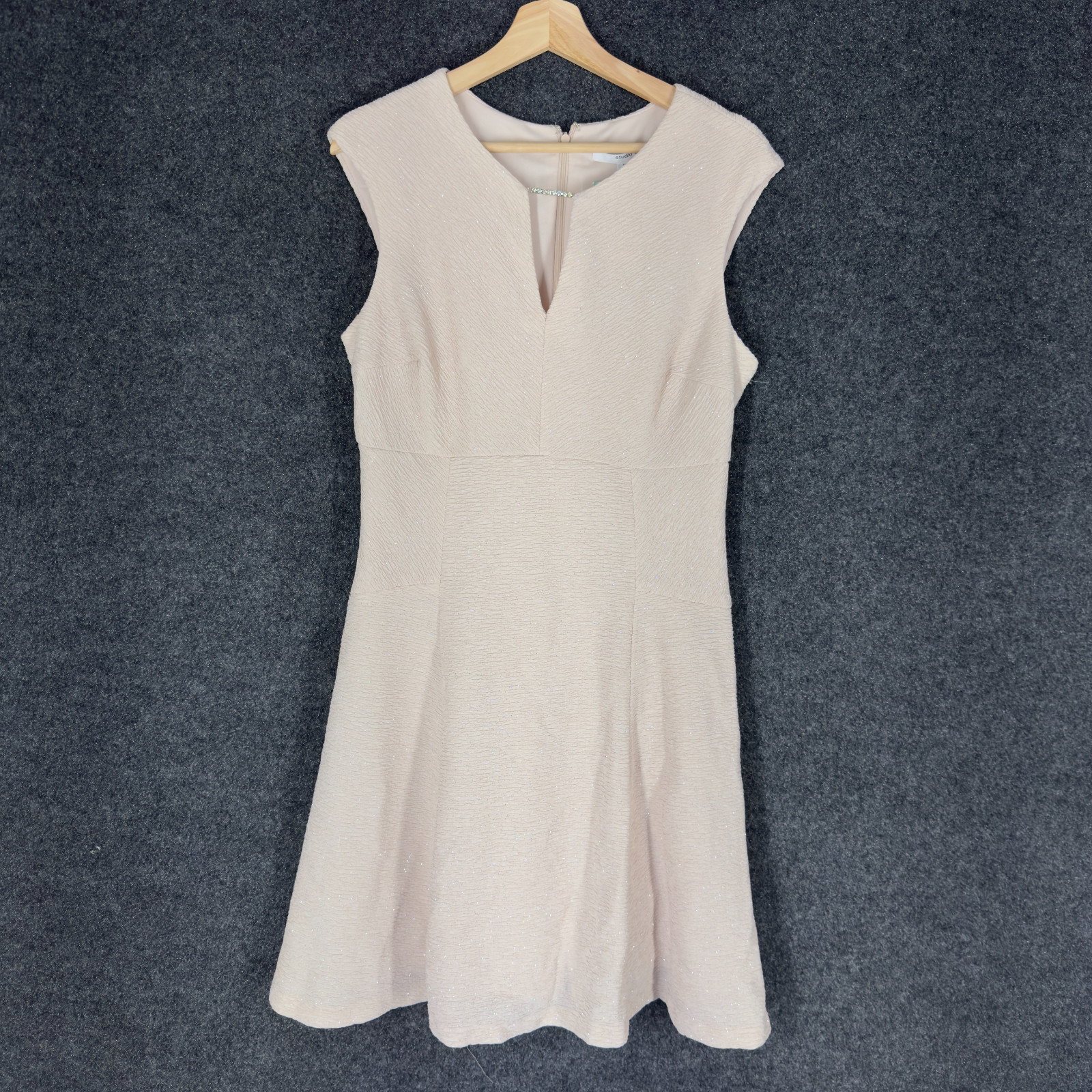 New Studio One New York Dress Women 12 Beige Sheath Midi Zipper Lined V-Neck