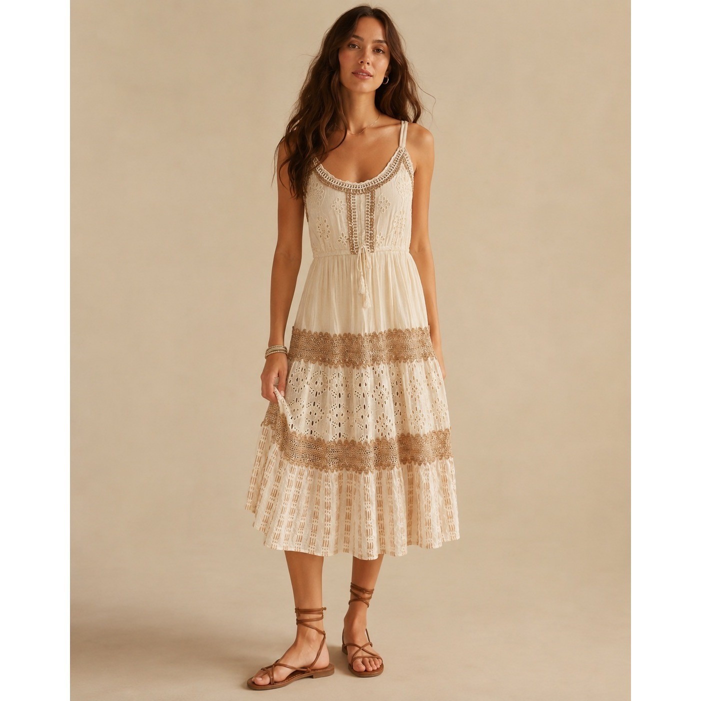 Me 2 Magic Eyelet Crochet Midi Dress Women XL Cream Boho Resort Cottagecore