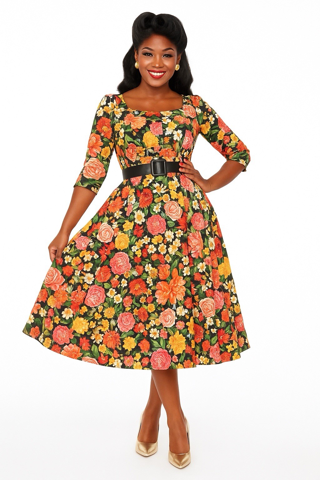 Unique Vintage Hearts & Roses Black Floral Cassidy Swing Dress, NWT!