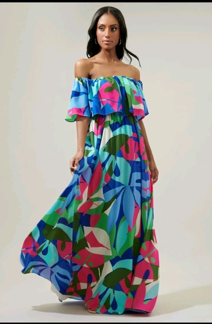NWT Sugarlips Women Ginger Tropics Enamored Off the Shoulder Maxi Dress Size S