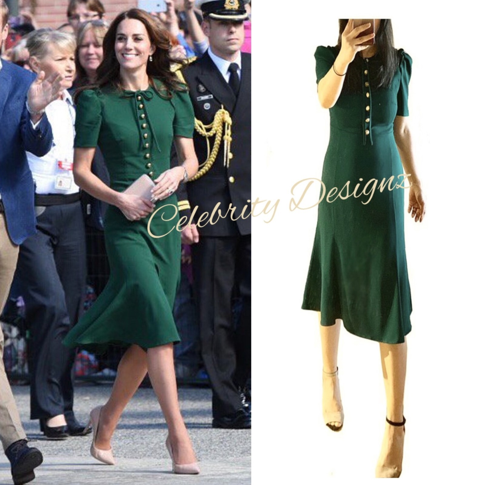 Kate Middleton Inspired Gold Button Front Silk Green Midi Sheath Dress