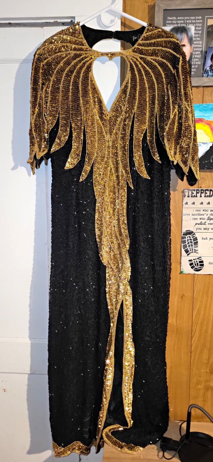 Vintage Black & Gold Sequin Beaded Heart Neck 3/4 Sleeve Maxi Dress