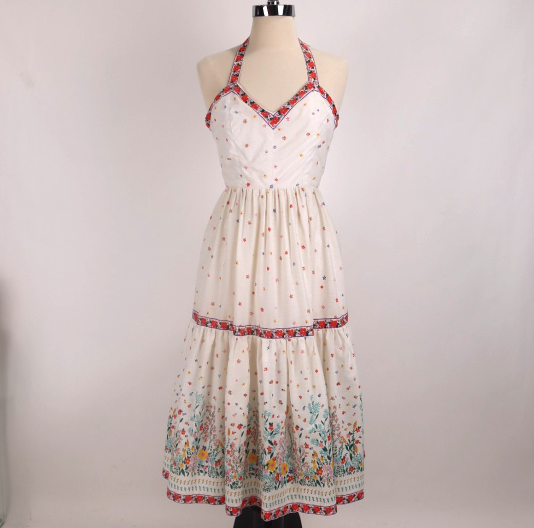 🌺 Vtg Victor Costa Prairie Boho Hippie Floral Holter Dress Garden Party Cottage