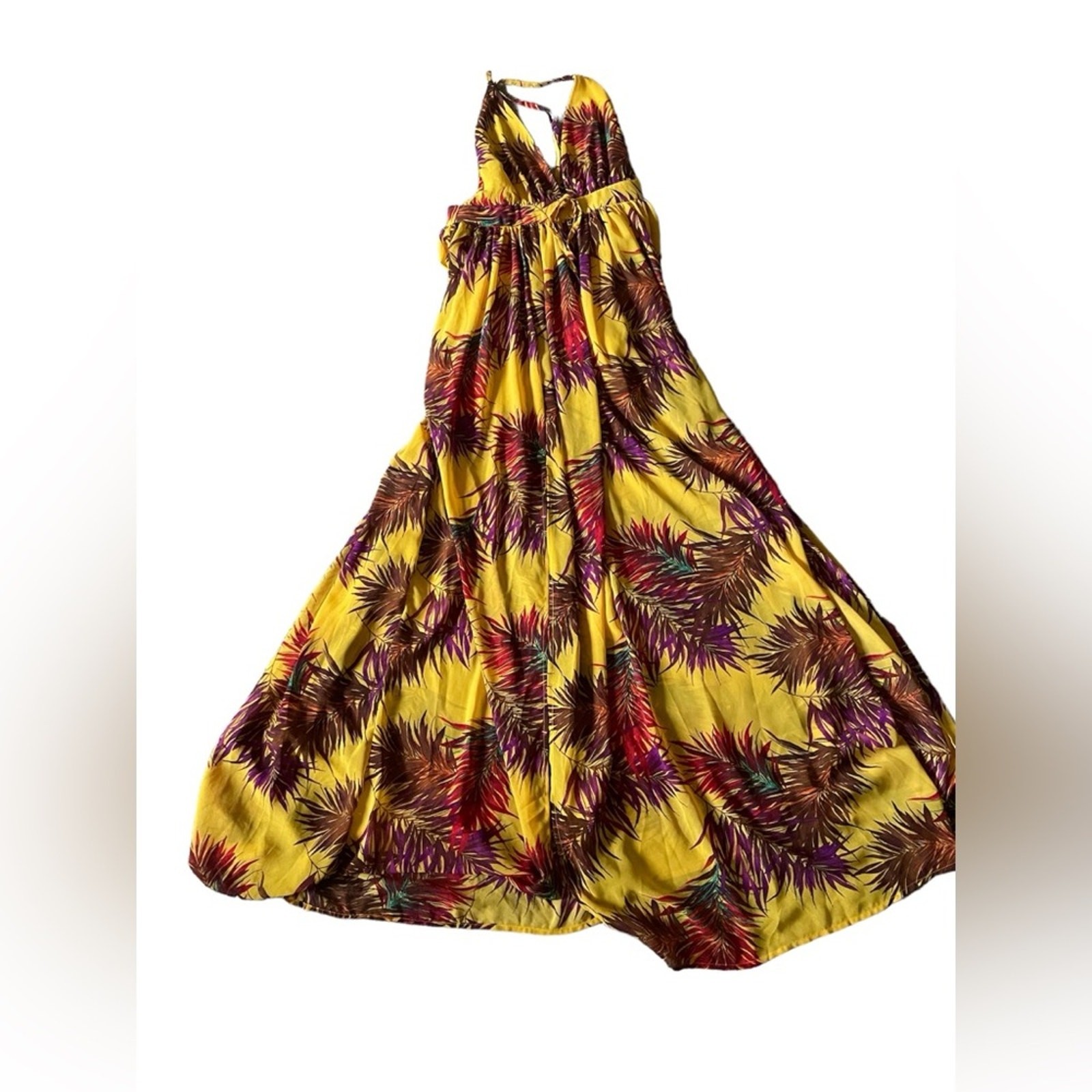 Women Yellow Floral Backless Sheer Dress Medium Deep V Neck Boho Gypsy Flowy