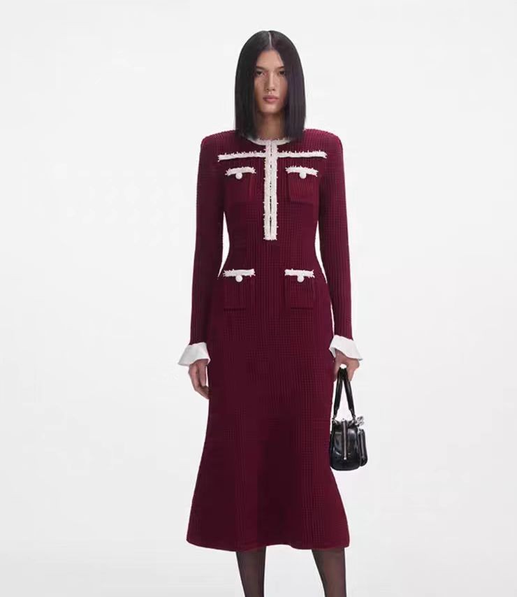 Self Portrait Handmade pearlS knitted dress A-line silm waist long sleeve women