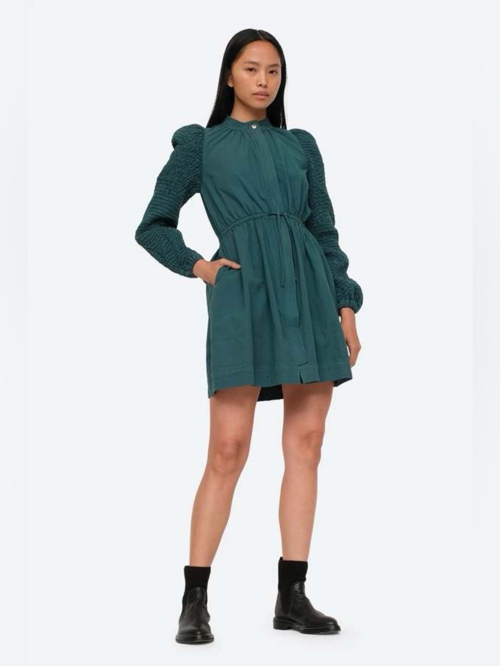 Sea New York Casey Hand Smocked Green Mini Dress Long Sleeve Belted Size M
