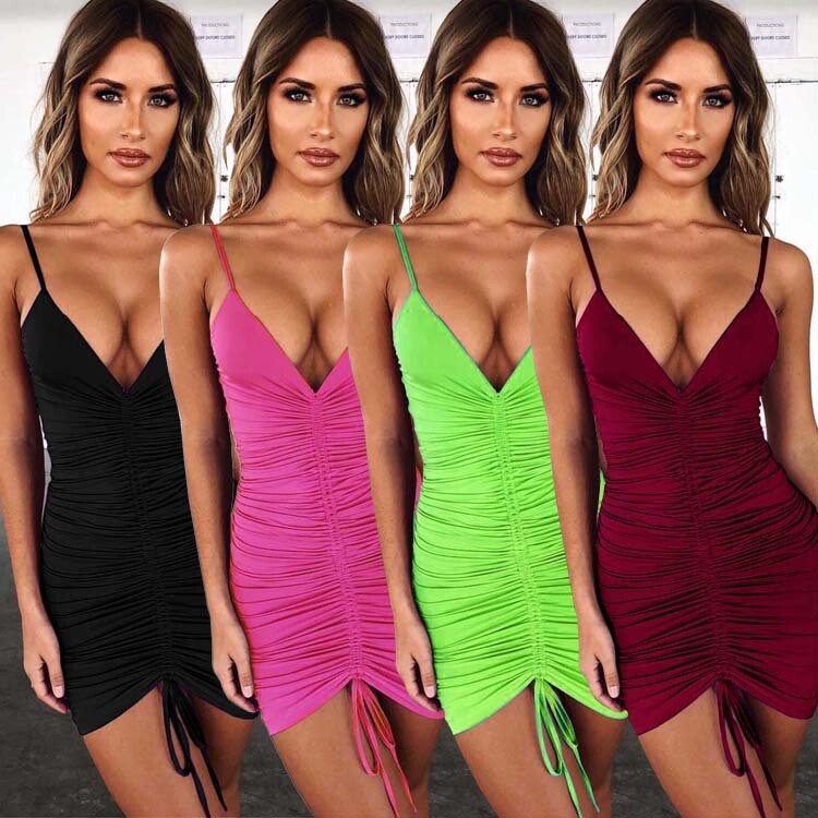 Women’s Sexy Deep V Neck Spaghetti Strap Rushed Bodycon Cocktail Club Mini Dress
