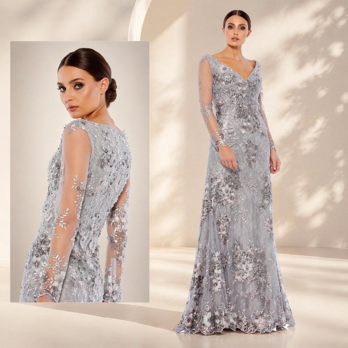 NWT Mac Duggal Gray Embroidered Illusion Evening Gown 67539 Size 8