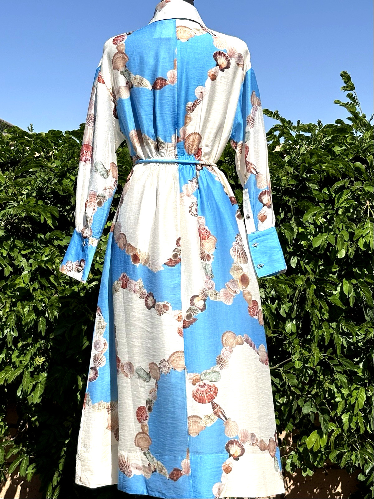 Caroline Constas S Blue/Sea shells Print Long Sleeves Collared Buttoned up Maxi