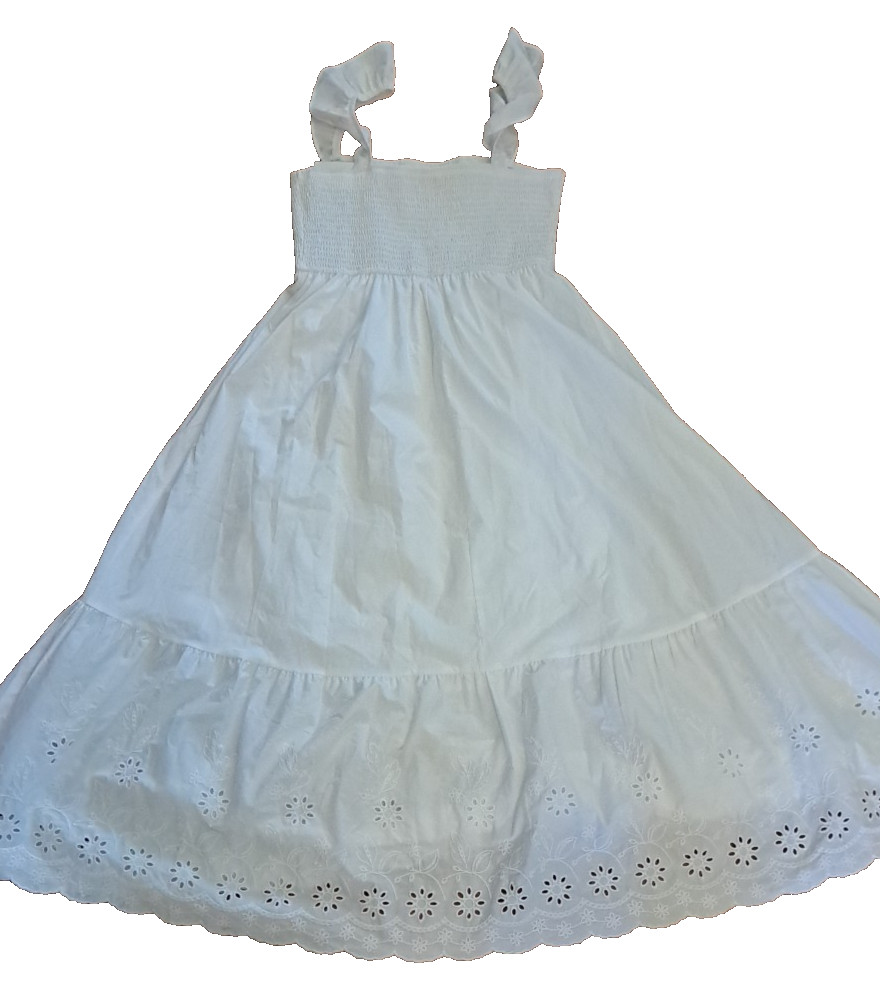NEW By The River Sun Dress White Eyelet Lace Smocked Midi Cottage Summer NWT M