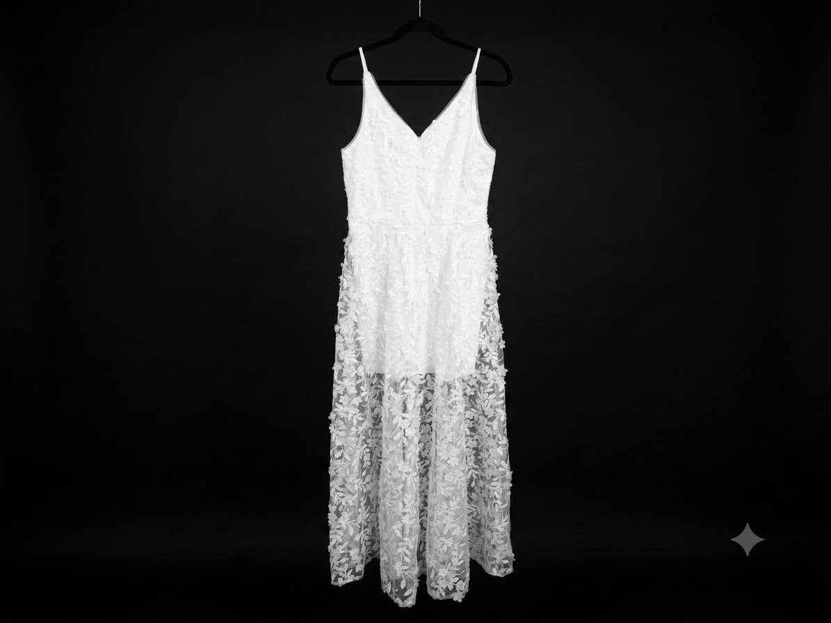 XSCAPE Women’s Sz 10 White Ivory Sequin Gown 3D Floral Appliqué Maxi NWT