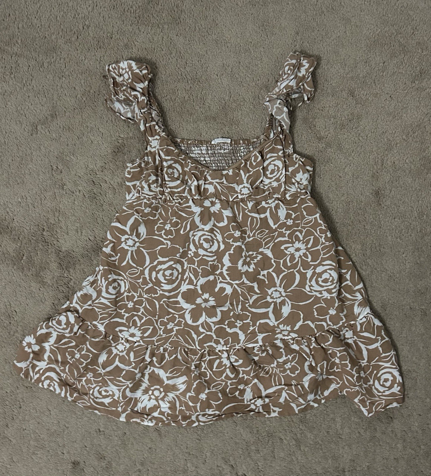 Women’s Brown & White Floral Smocked Ruffle Strap Square Neck Mini Sundress