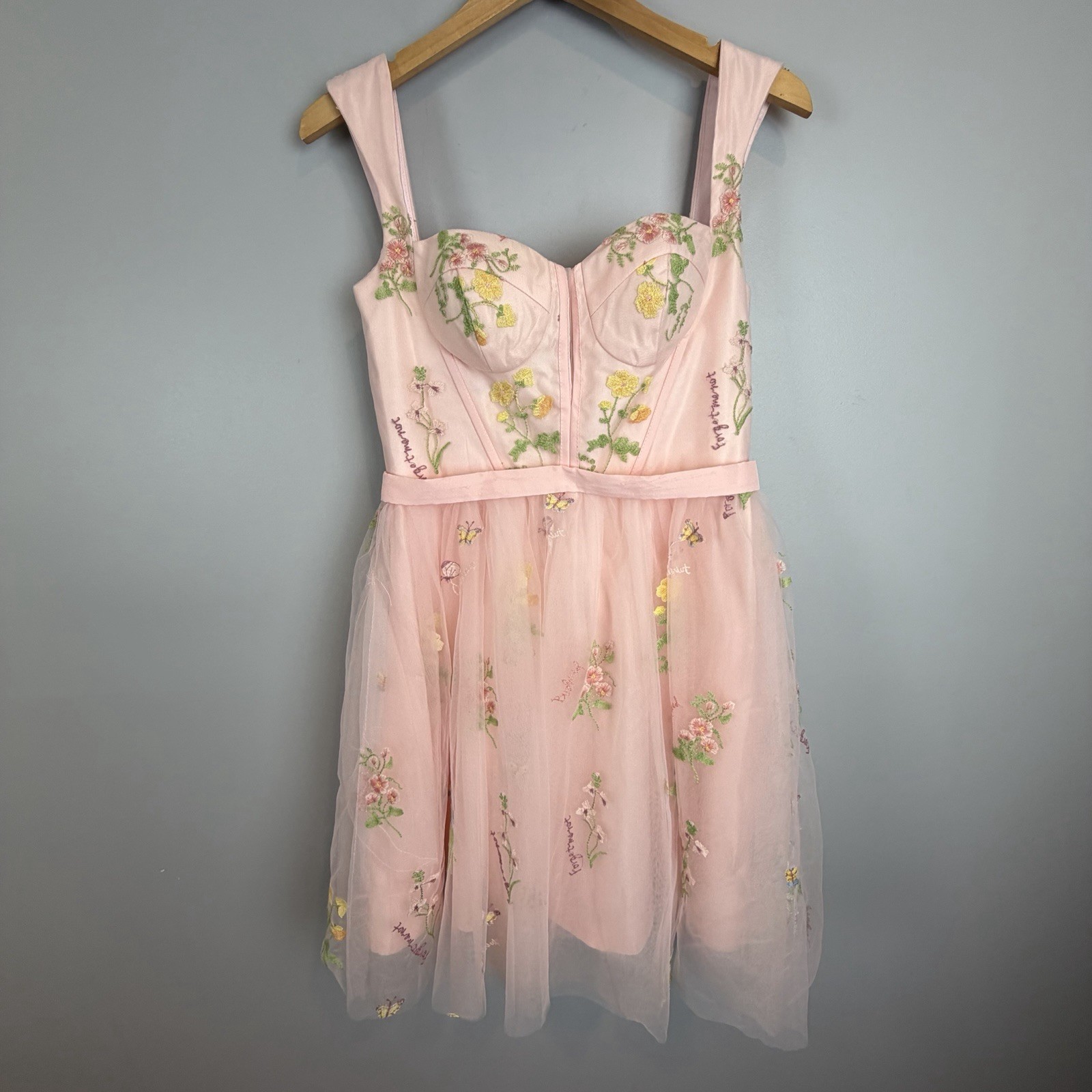 Pink Tulle Mini Dress Fairycore Lace-Up Corset Romantic Embroidered Floral Sz 8