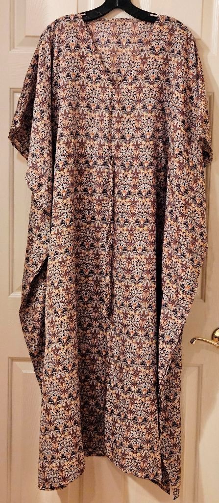 Silk Saree Kaftan Kimono~ Women’s~ Brown & Beige Print ~ Long Dress