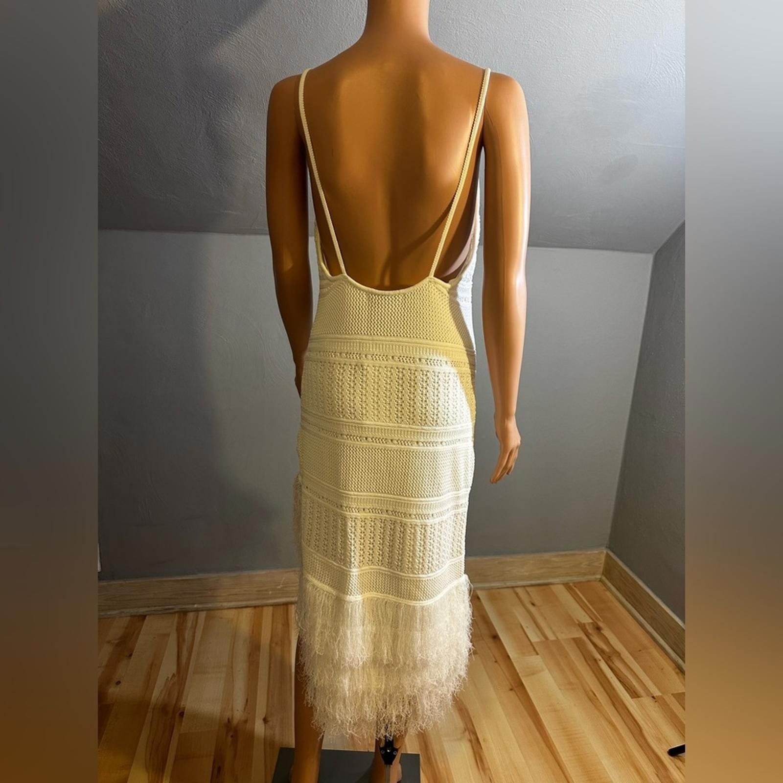 Torn by Ronny Kobo Yuna White Knit Fringe Asymmetric Midi Dress Size Large NWT