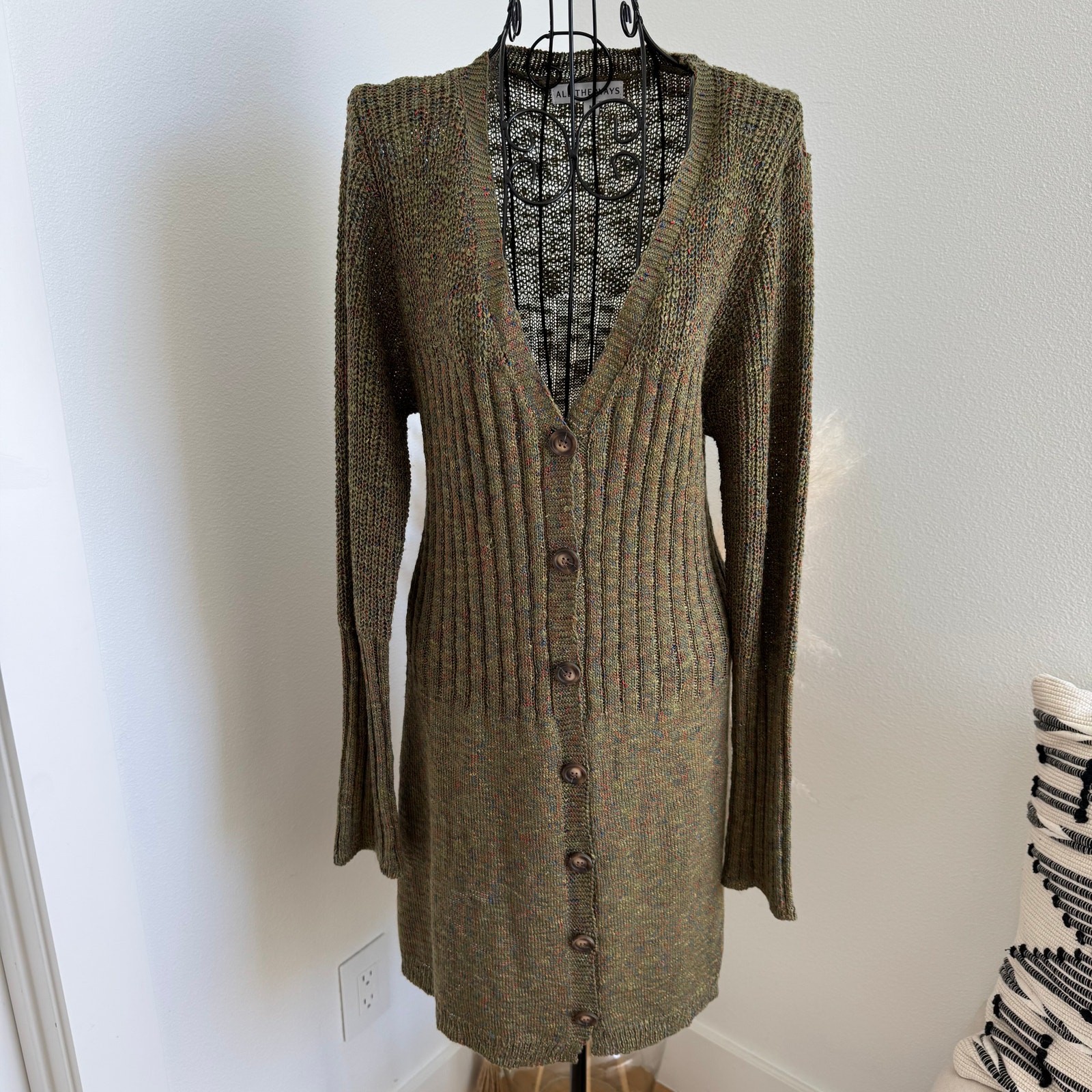 Revolve All The Ways Olivia Button Cardigan Knit Sweater Dress Olive Multi -Med