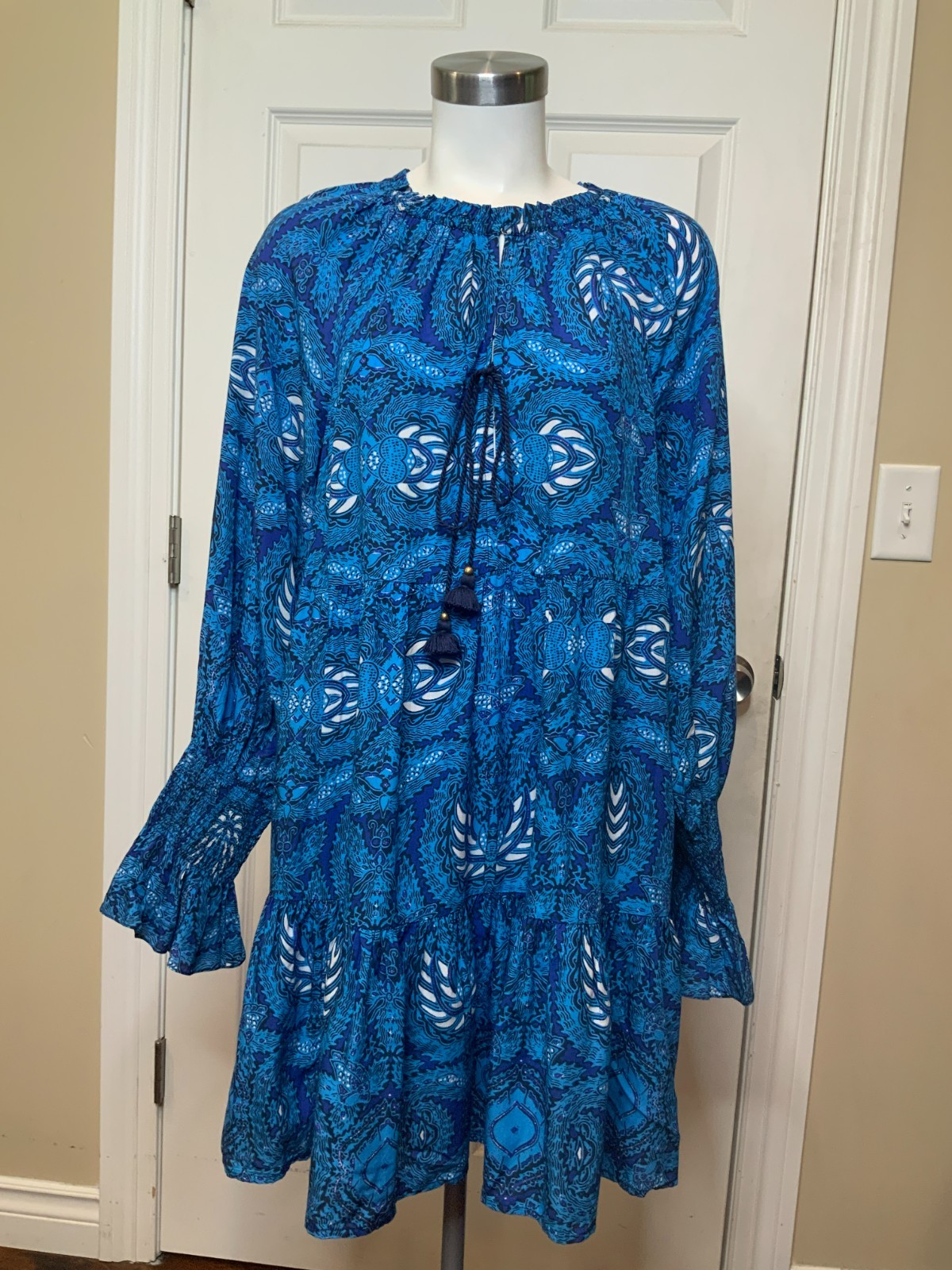 Figue Blue White Batik Print Long Sleeve Flowy Bella Dress, Size Medium