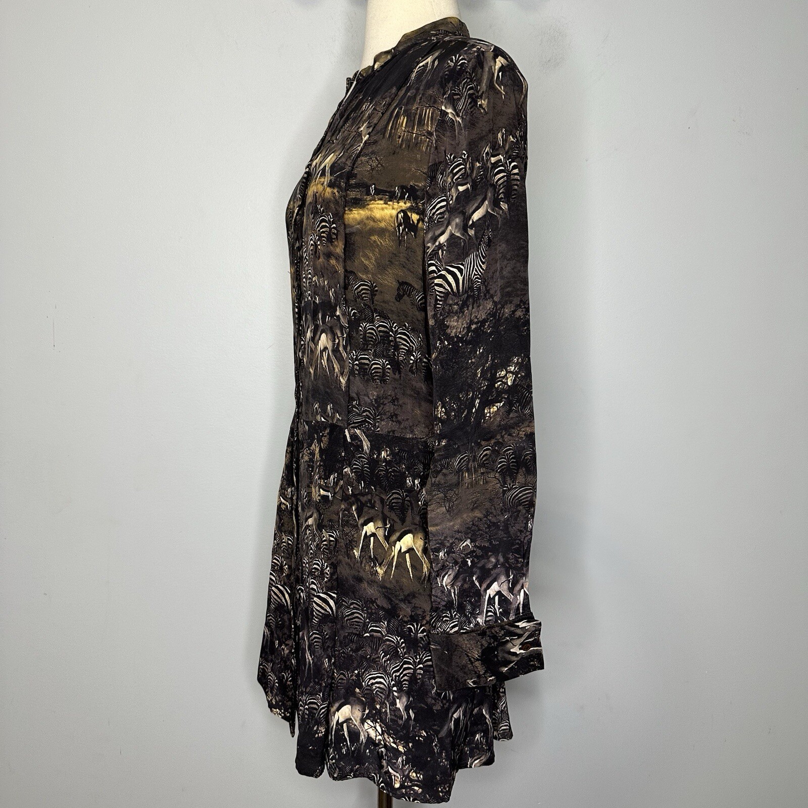 Edun Women’s Long Sleeve Silk Mini Shirt Dress In Jungle Zebra Animal Print M