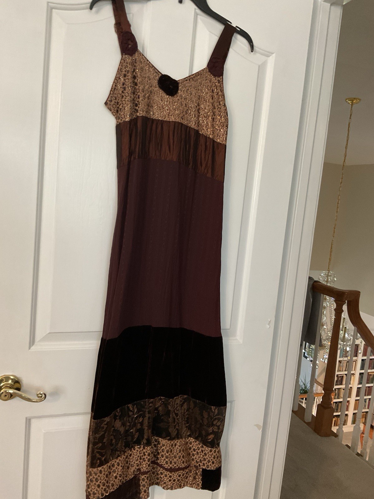 Women’s Brown/Black Patchwork Sleeveless Maxi Dress Scoop Neck Beaded M
