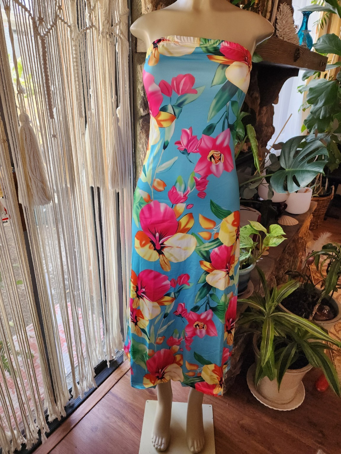 Women’s L Strapless Tropical Floral Maxi Dress Blue Pink Wrinkle Resistant