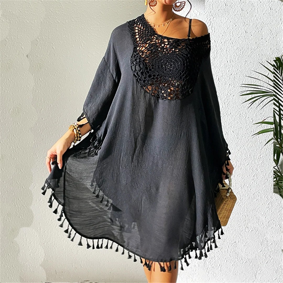 New Fringe Tassel Embroidery Half Sleeve Tunic Beach Cover Up Beach Dress
