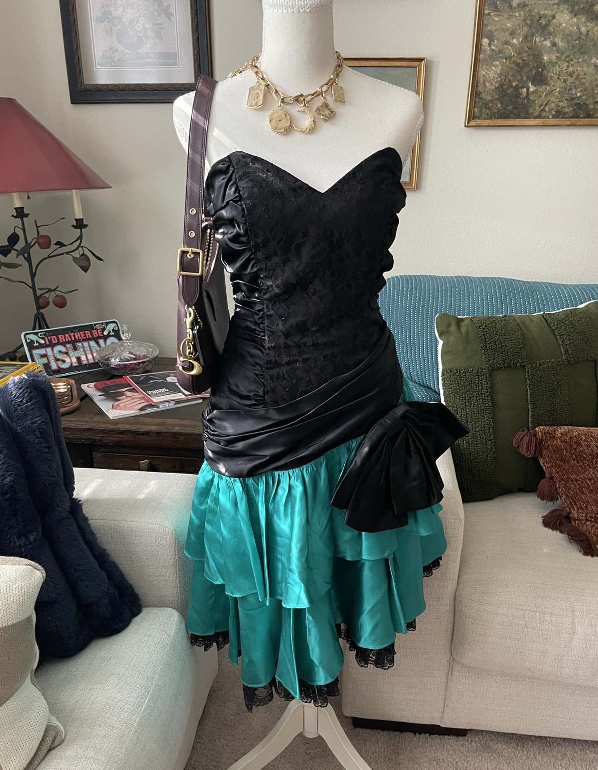 Vintage Zum Zum 80s Prom/Formal Dress Black/Teal Lace Bow Fit & Flare Dress 7/8