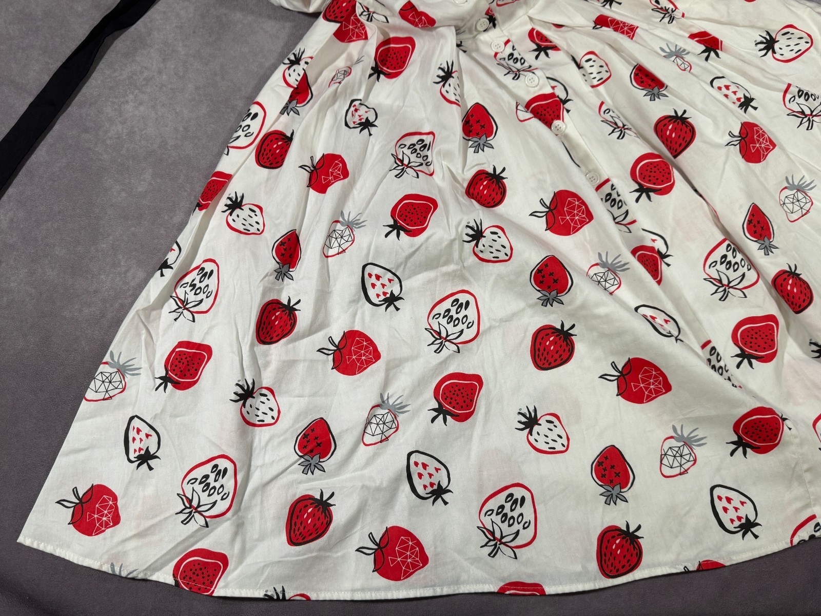 Unique Vintage MEDIUM White Strawberry Dress Retro Collared Tie Button