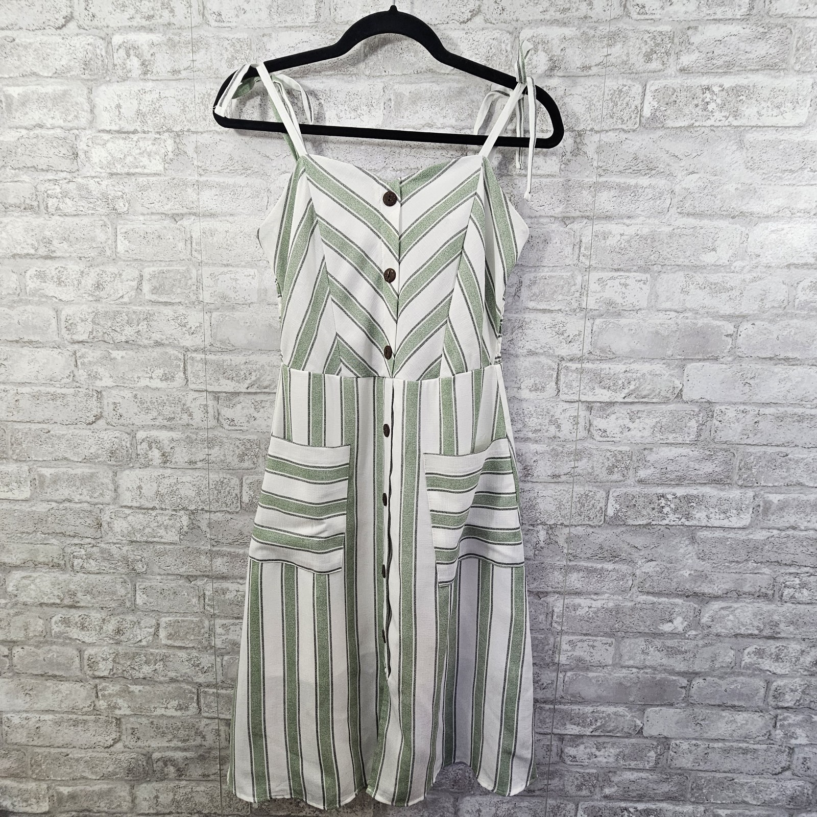 New Womens/Jrs Medium Striped Dress Tie spaghetti Straps Buttons Lined Pockets