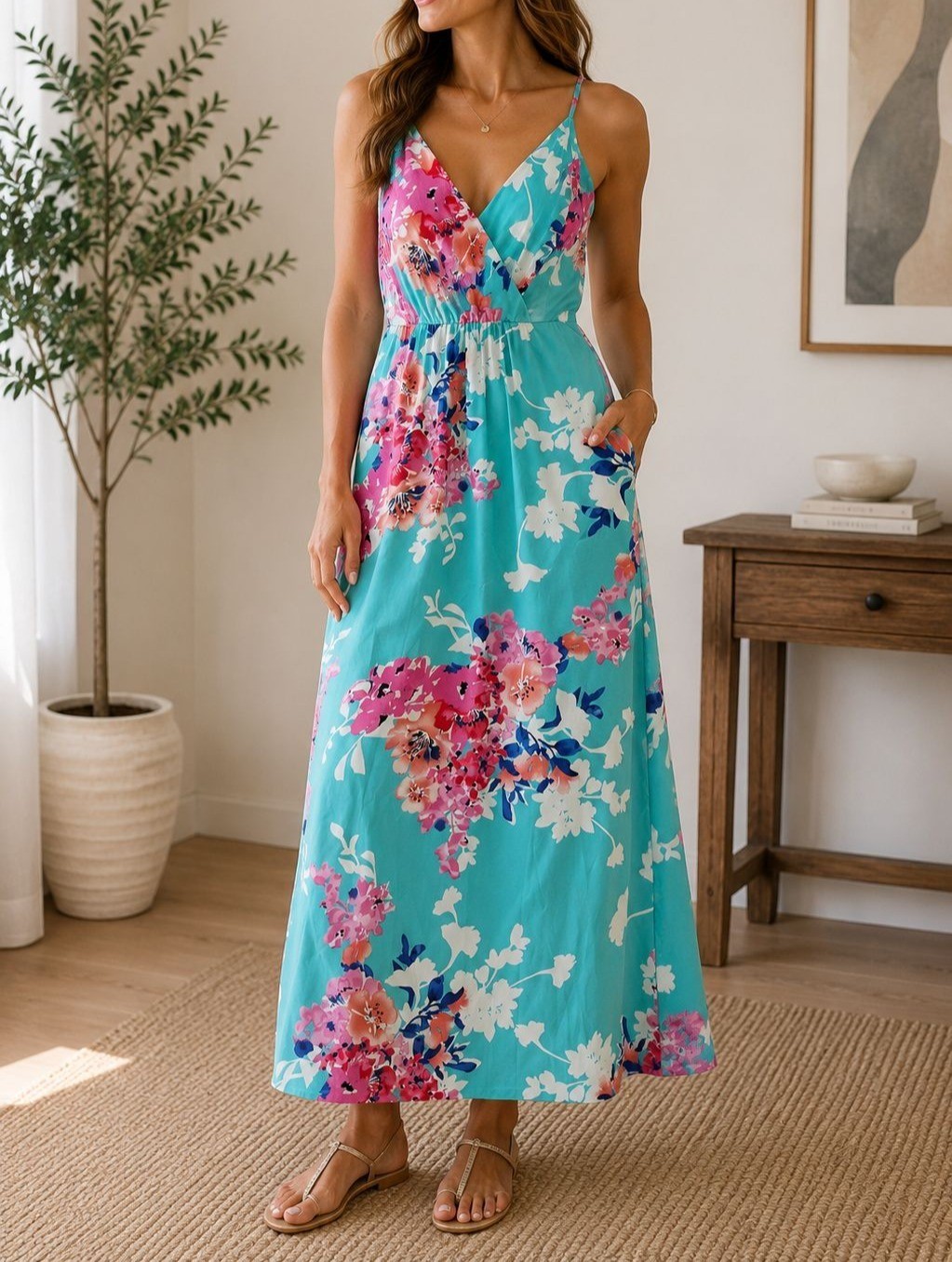 Yumi Kim Aqua Floral Maxi Deep V Boho Resort Wedding Guest XS