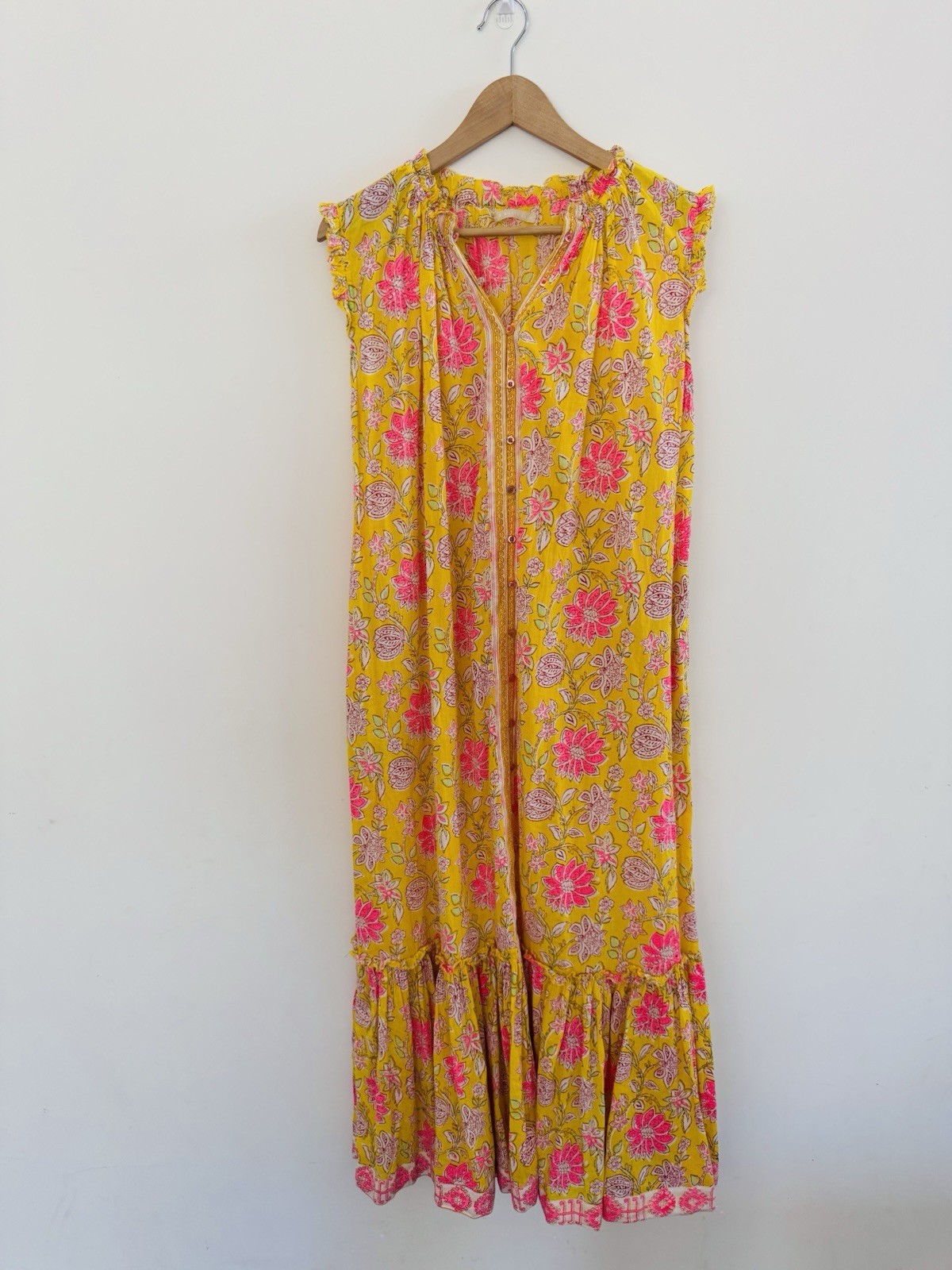 Lola Australia Maxi Dress Size XS Yellow Pink Floral Button Up Tiered Cotton