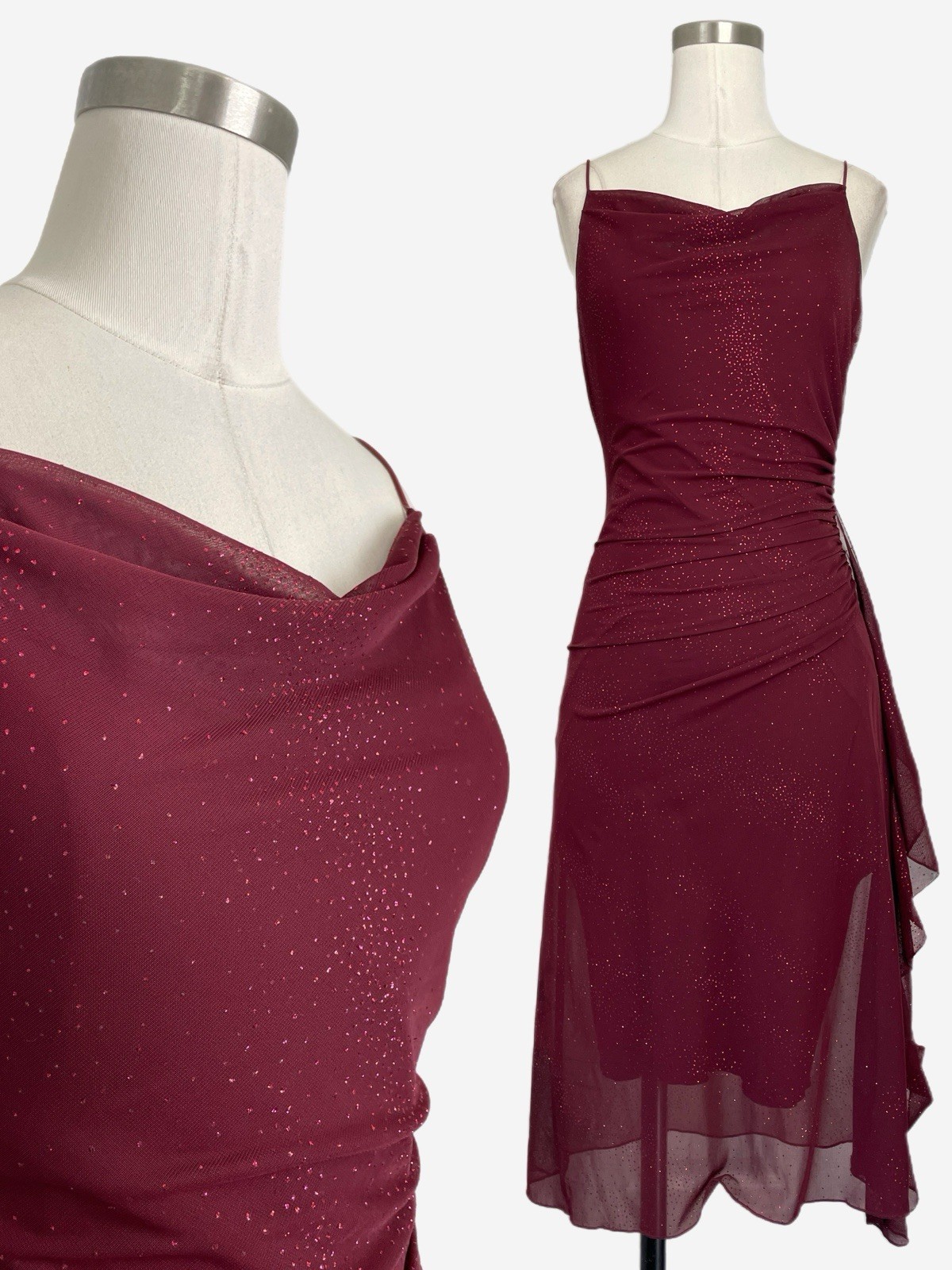 Vintage Y2K City Triangles Red burgundy glitter mesh ruffle midi dress XS/S