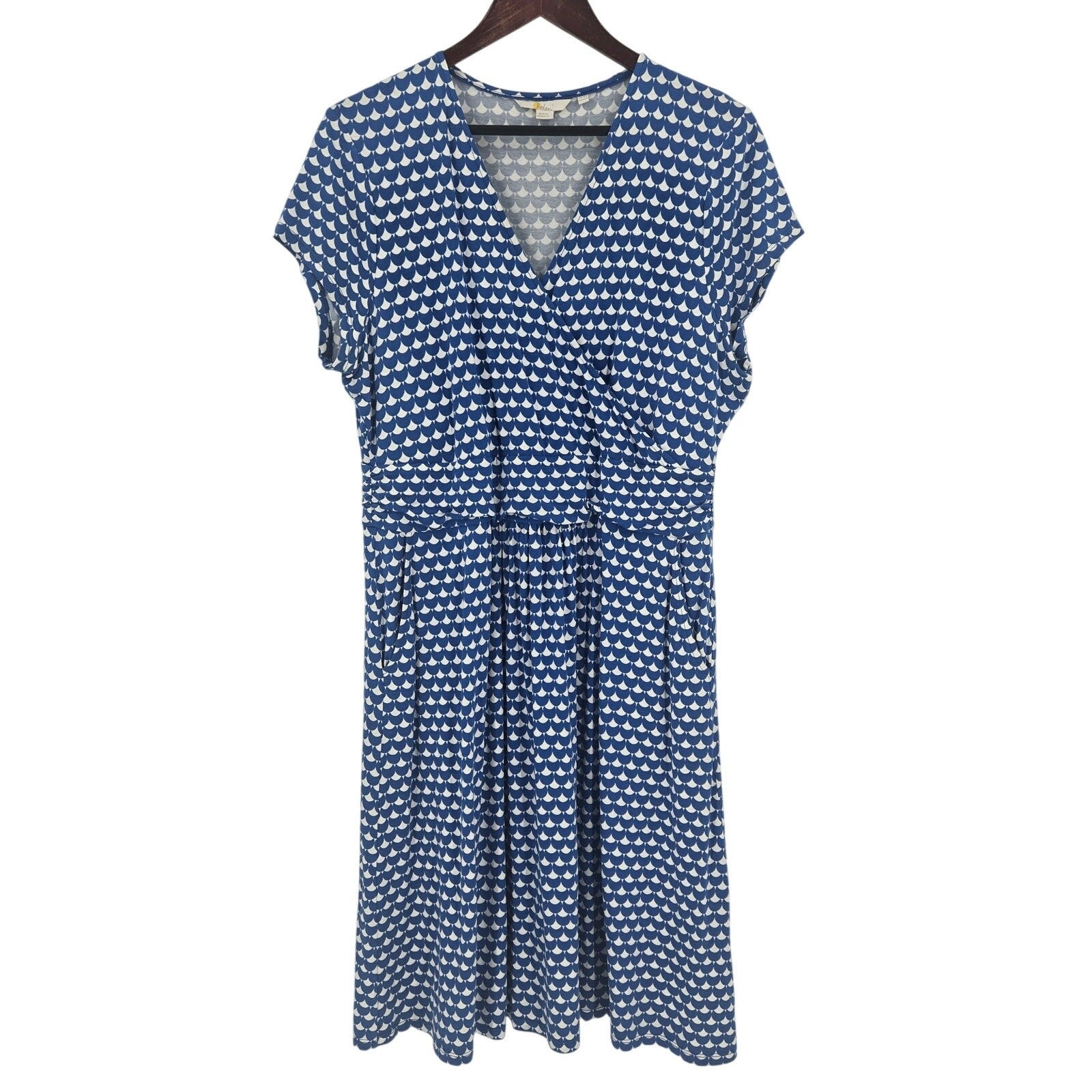 Boden faux wrap jersey dress blue white geometric print rouched waist size 14