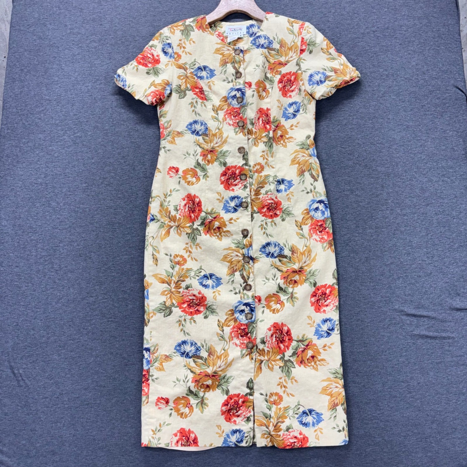 Talbots Dress Womens Petites 8 Button Front Floral Linen Blend Short Sleeve