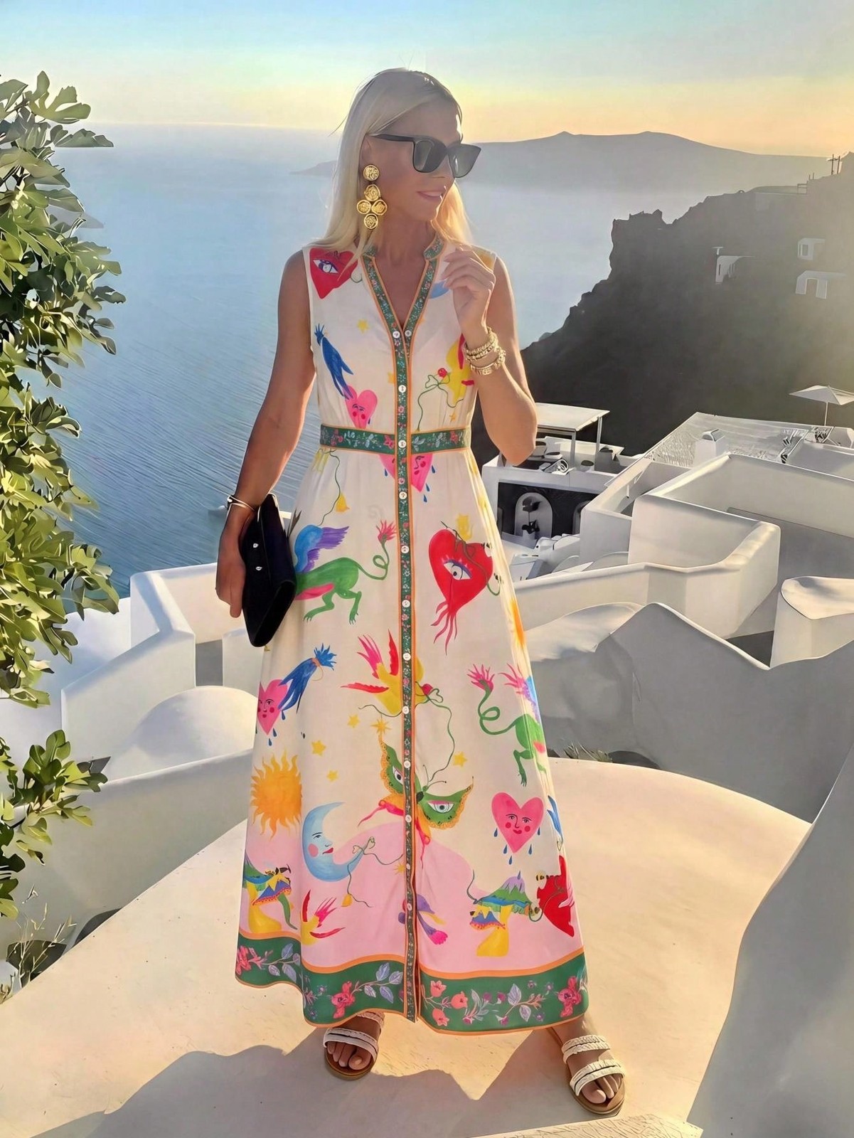 Ladies Bohemian Style Long Dress With Blue White Pattern