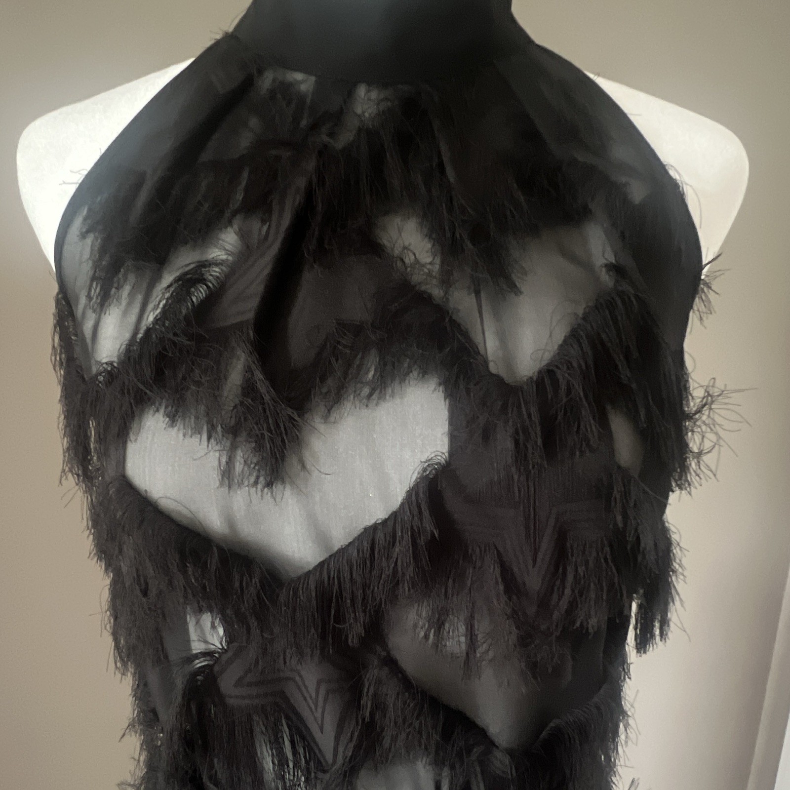 Marella Gattini Black Sheer Mesh Fringe Long Pencil Skirt High Rise 4