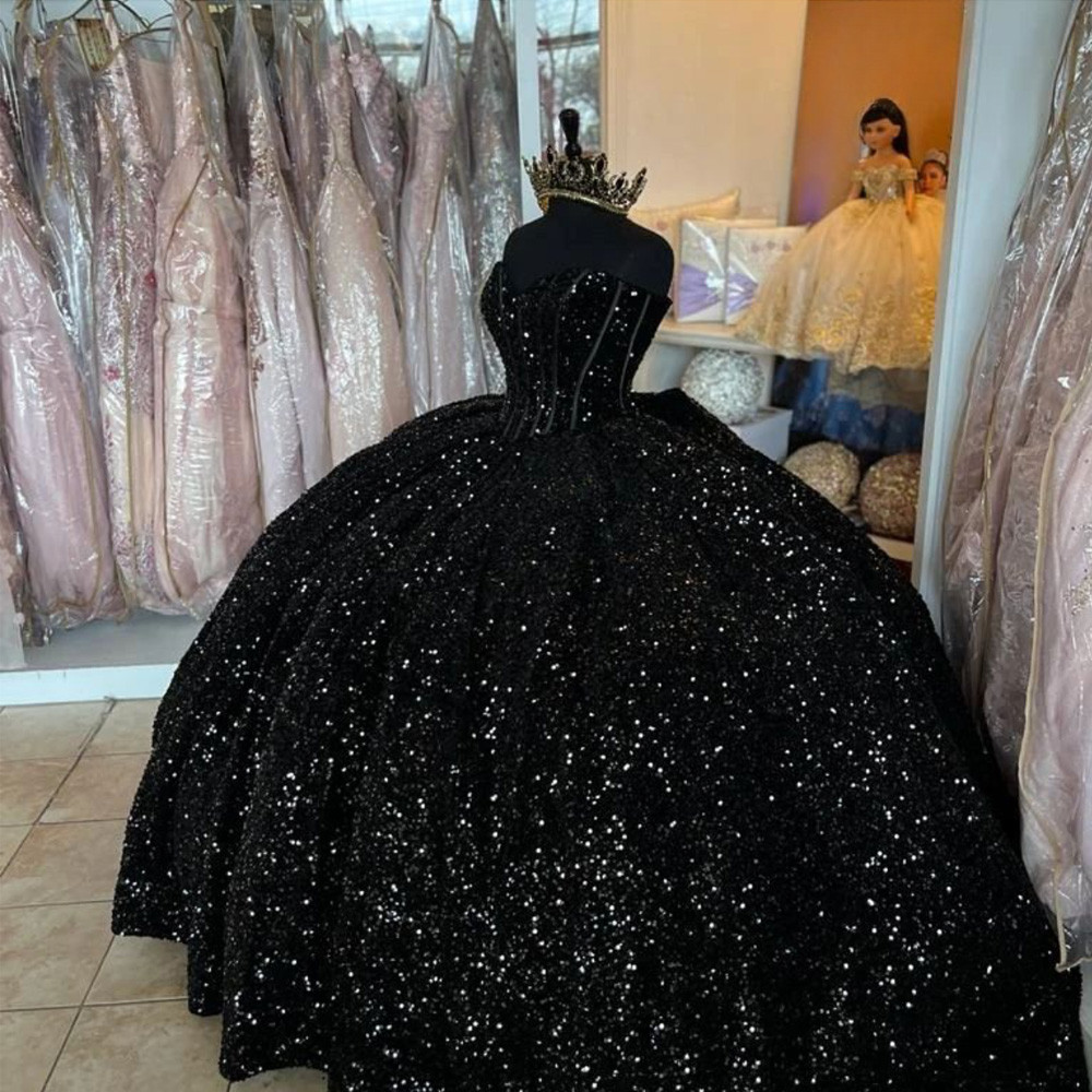 Sparkly Black Off Shoulder Quinceanrea Dresses Sequin Layered Sweet 16 Ball Gown