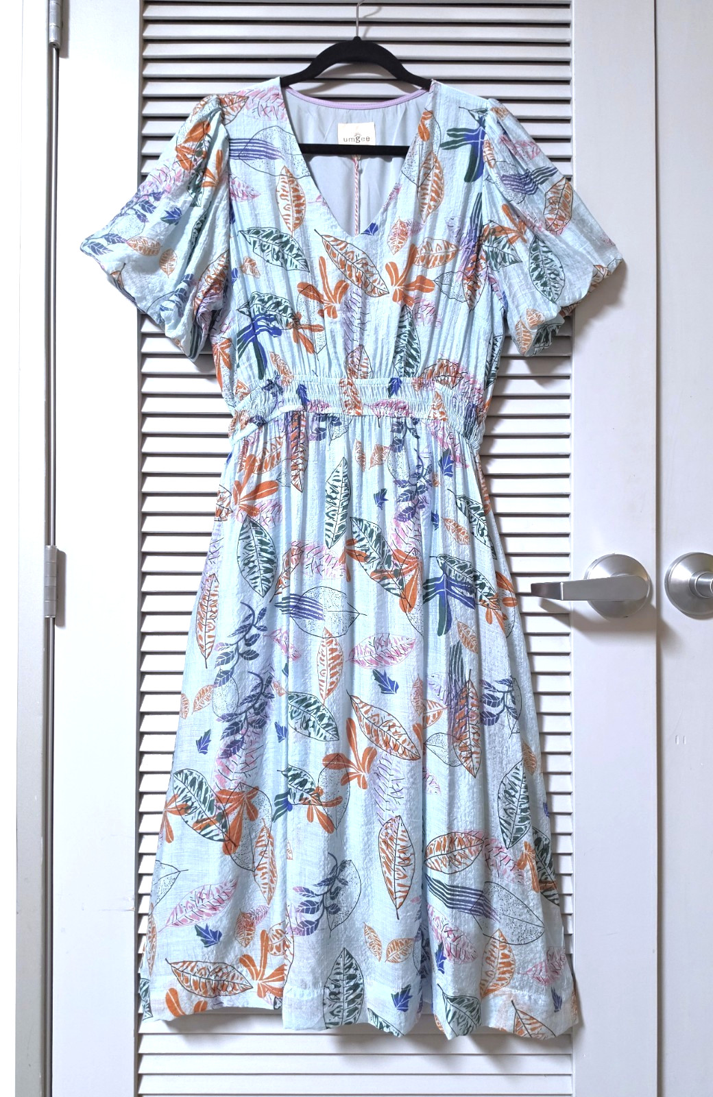 slate blue plant print bubble slev long maxi dress L