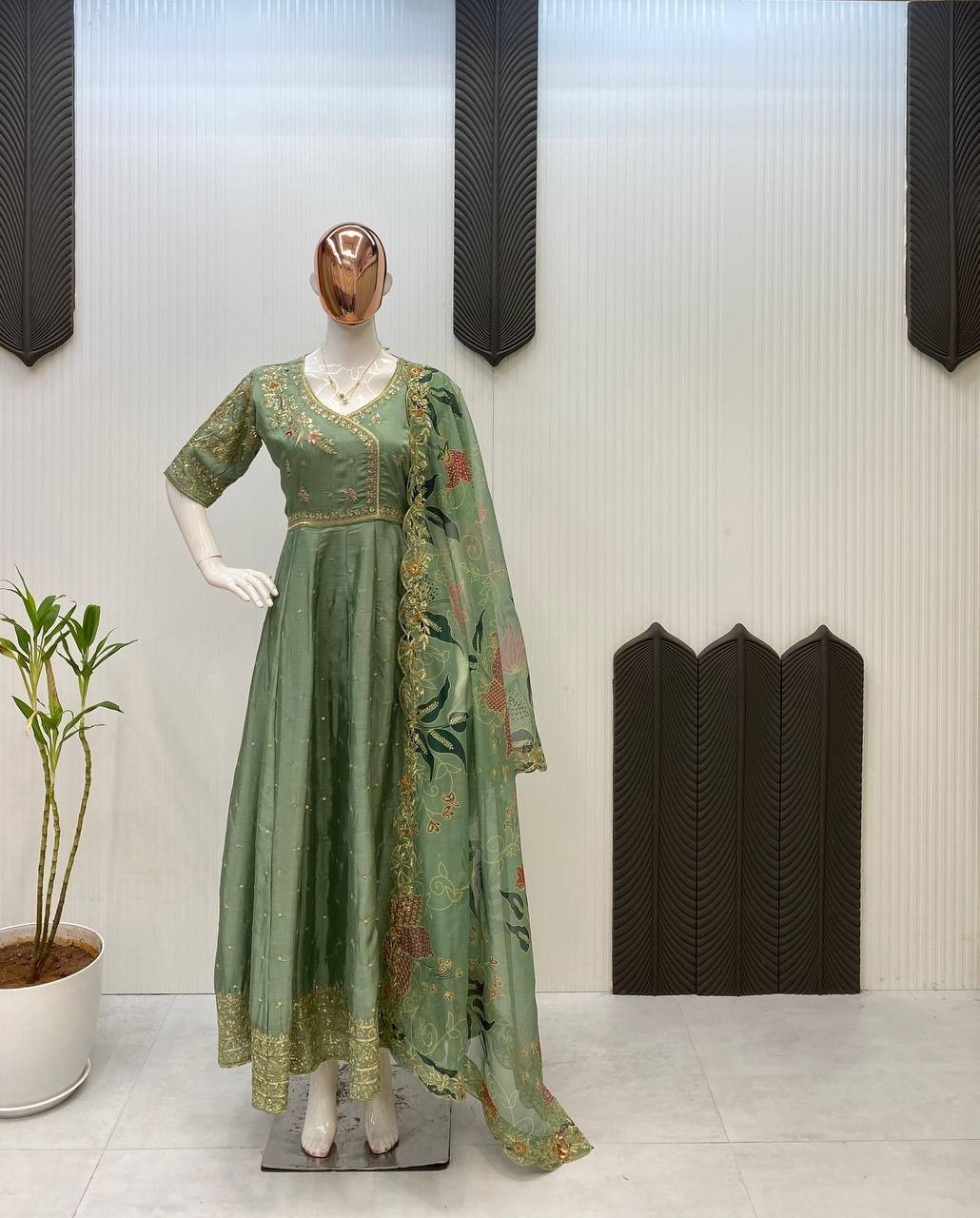 Presenting New Chinon Sage Green Gown With Dupatta For Women Party Wear