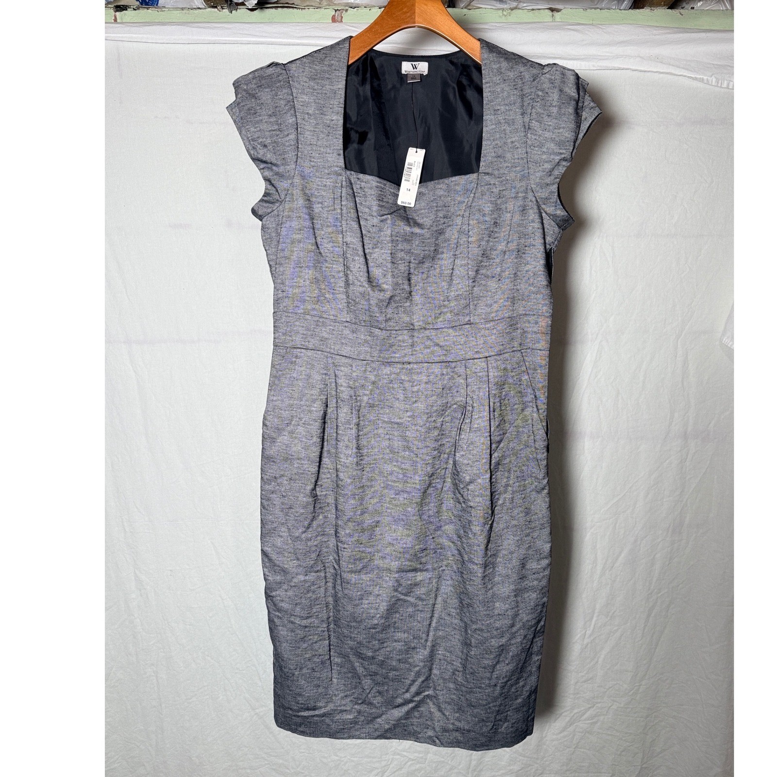 Worthington Women Gray Black Textured Sheath Dress Sz 14 NWT Square Neck Pockets