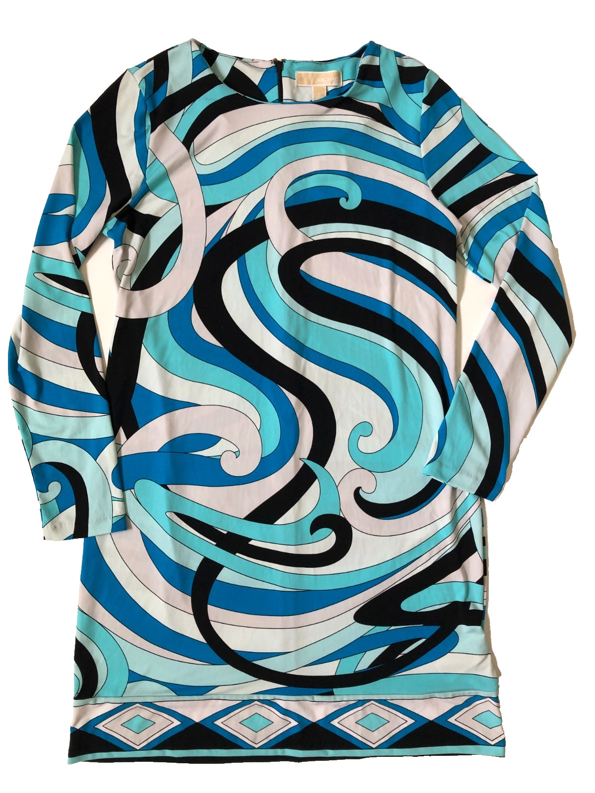 Michael Kors Size L Long Sleeve Shift Dress White Black Blue Abstract Print