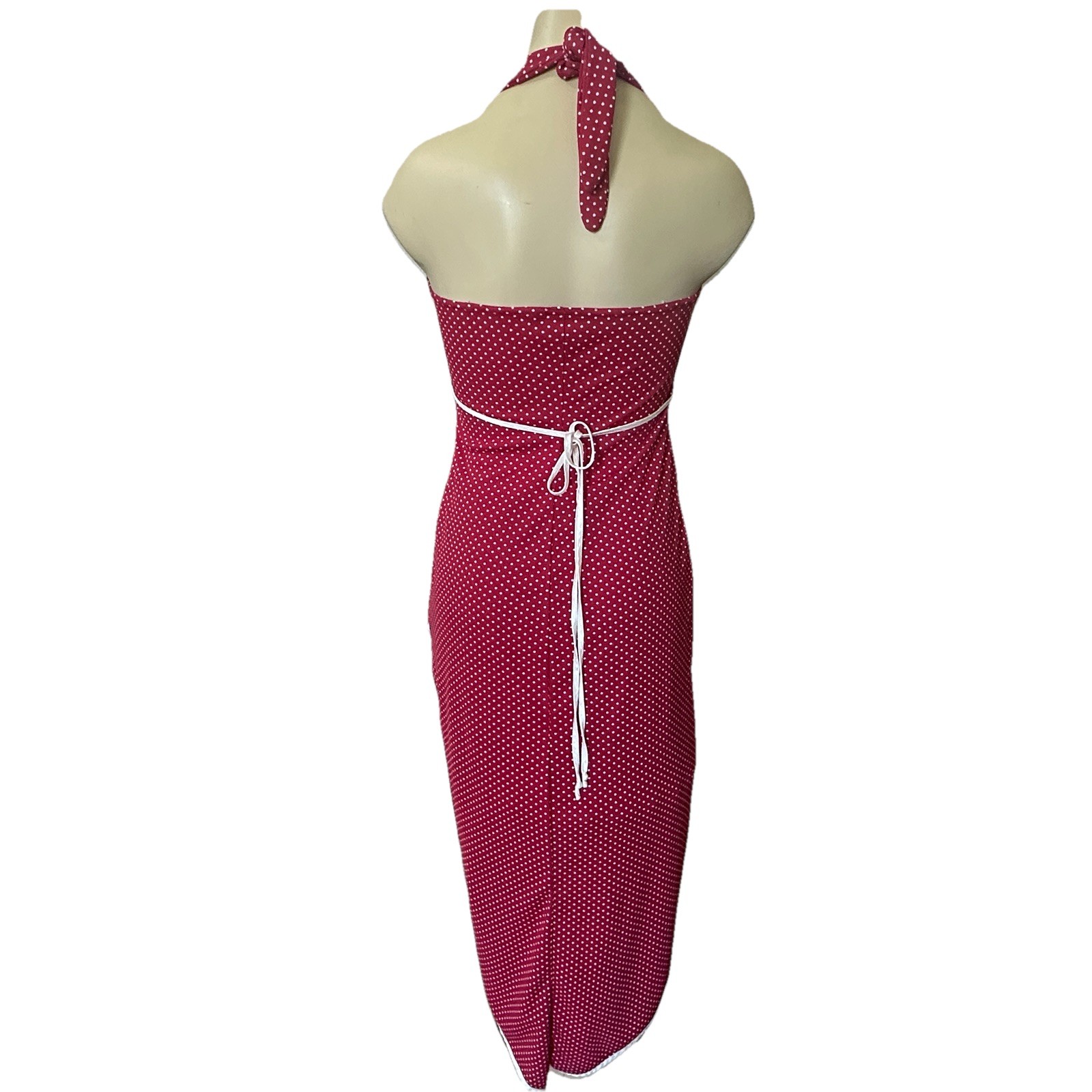 VTG City Triangles Red Polka Dot Halter Dress 30×50 Inch Neck High Low Y2K USA