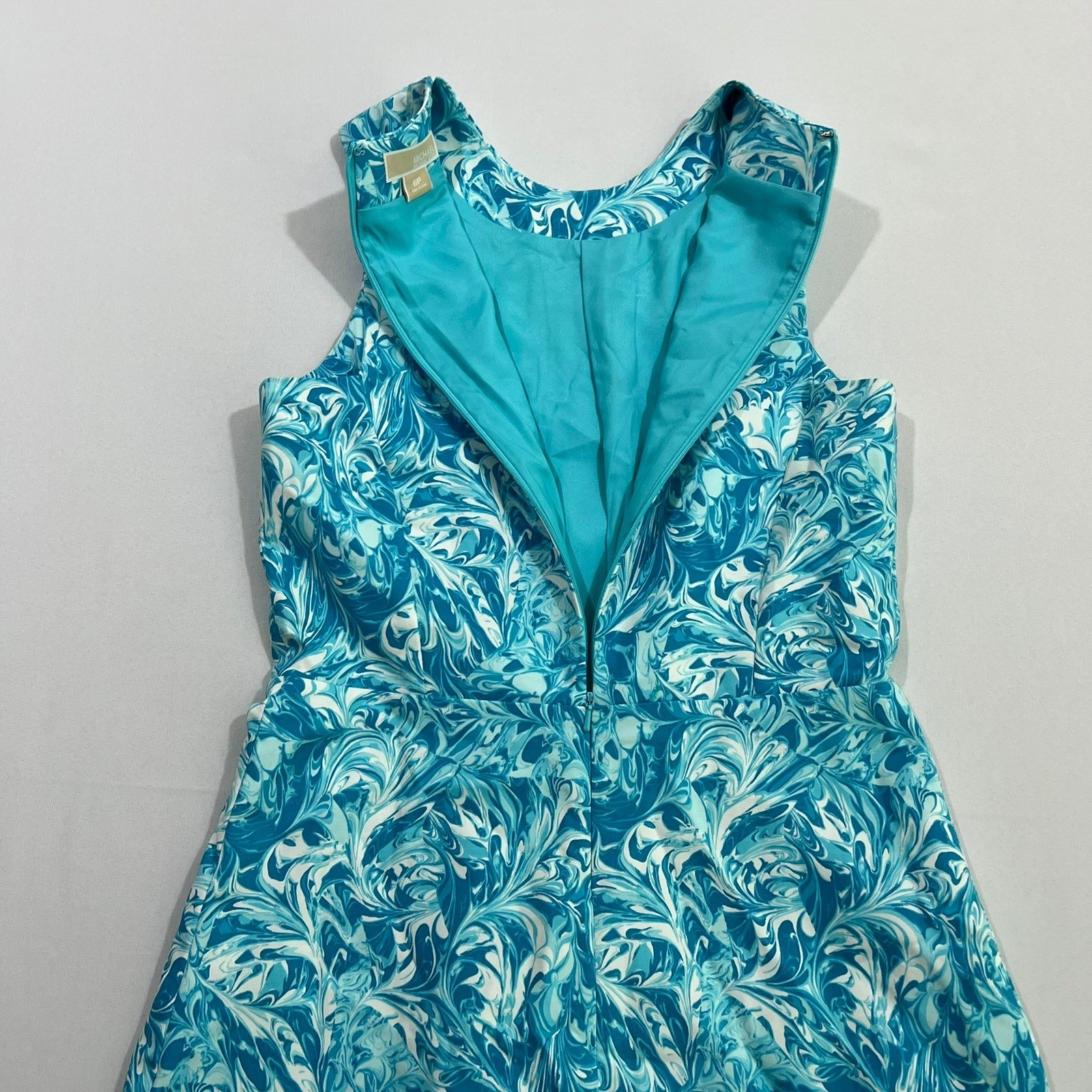Michael Kors Dress Marble Swirl Print Sleeveless Fit Flare Blue Womens 6P